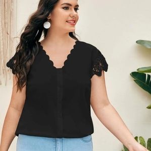 ⚡2/$20⚡1XL Plus Scallop Trim Lace Sleeve Blouse - SHEIN
